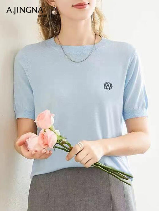 【清凉一夏】阿菁娜桑蚕丝莱塞尔圆领山茶花刺绣针织衫F30X301017 商品图2