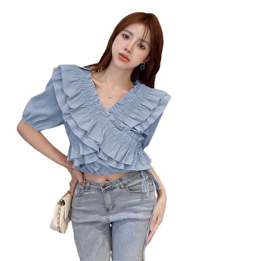 【韩系甜美荷叶边❗甜妹雪纺衬衫短袖T恤】出街秒变“C位”，内搭外穿都绝美，性感百搭时尚设计感满满，薄款木耳边交叉设计，法式v领荷叶边衬衫，宽松短袖上衣女，夏季气质温柔泡泡袖小衫L 商品图4