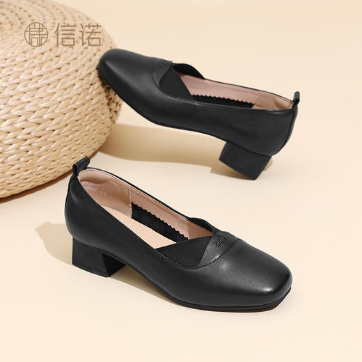 信诺真皮通勤软底妈妈鞋一脚蹬复古单鞋2025夏季新款舒适粗跟女鞋5Q5009-33 商品图1