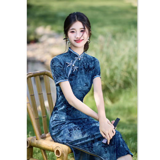 GX扎染植绒长款单层旗袍2025夏季新款复古国风小个子中式旗袍 商品图3