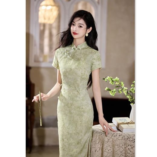 GX绿色提花淑女范短袖旗袍2025年夏季新款改良新中式气质优雅 商品图1
