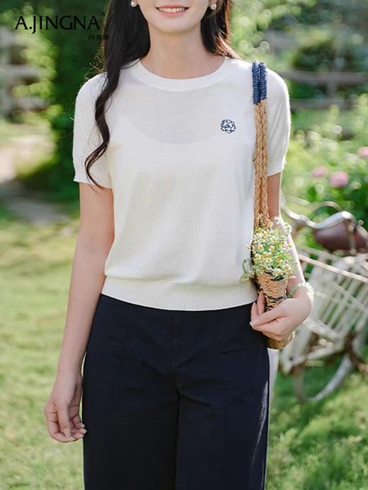 【清凉一夏】阿菁娜桑蚕丝莱塞尔圆领山茶花刺绣针织衫F30X301017 商品图1