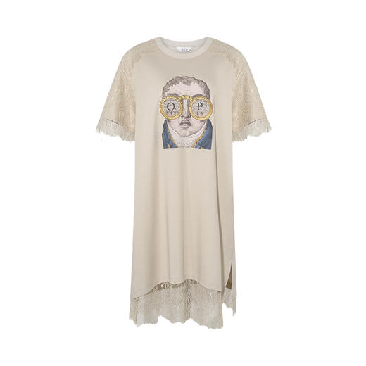 两三事汐谣漫航2025夏新款印花刺绣蕾丝拼接前短后长t恤裙连衣裙 商品图4