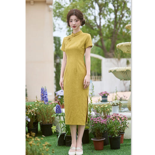 GX2025夏款中国风提花棉中长复古旗袍改良修身显瘦日常黄色送考旗袍 商品图0