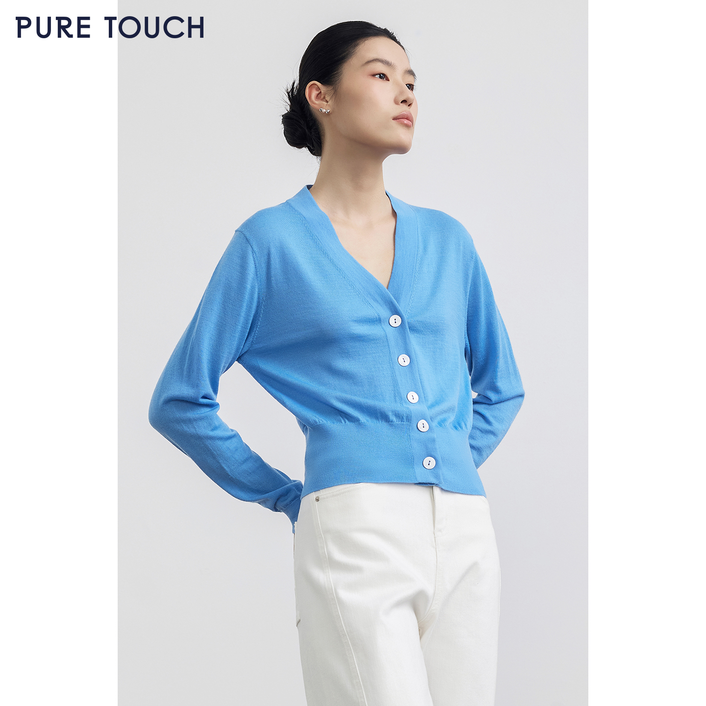 PURE TOUCH 宝蓝色V领短款针织开衫