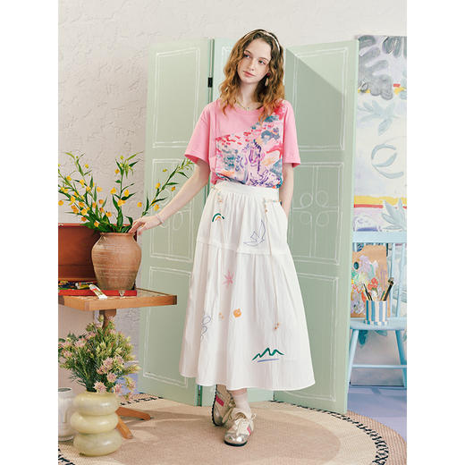 两三事 浪沫糖绘 2025夏季新款小清新绣花串珠腰绳a字半身裙长裙 商品图1