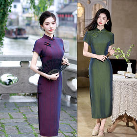 GX2025夏新中式红绿色短袖单层立领时尚中国风改良复古修身宴会旗袍