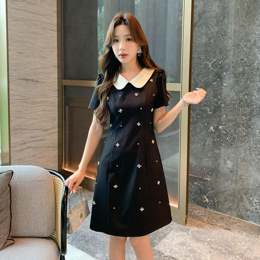 奢姿大码女装2025夏季减龄钉珠木耳边裙子胖妹妹时尚娃娃领连衣裙9952803321B 商品图1