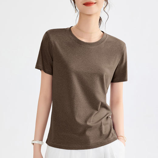 「自」全新升级【铂金会员119/天猫159/差价40】(04734)洛诗琳莱赛尔天丝亚麻上衣2025夏季薄款设计感纯色正肩T恤女 商品图1