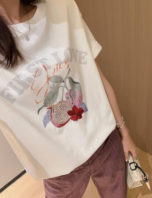 重工刺绣钉珠石榴液氨新疆棉刺绣印花T恤 商品图6