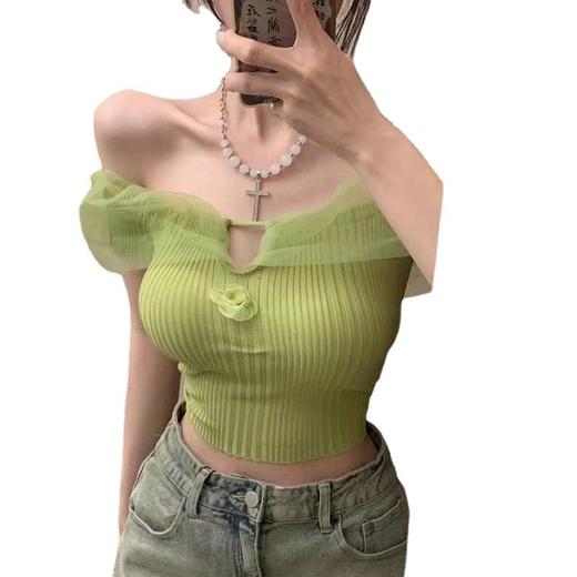 【法式甜辣纯欲性感❗一字领网纱针织衫】夏季新款甜辣妹洋气，修身百搭上衣潮ins，小众设计感短款上衣，新款韩版时尚百搭针织衫上衣薄L 商品图4