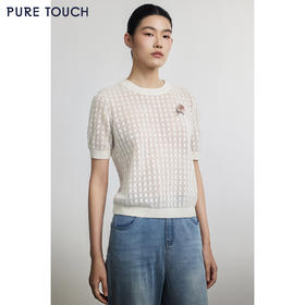 PURE TOUCH米白色镂空花纹短袖针织上衣