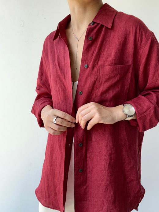 THEHOYAN｜TH2504-R  04 oversized linen shirt BURGUNDY 亚麻衬衫 [ 酒红 ] 商品图8
