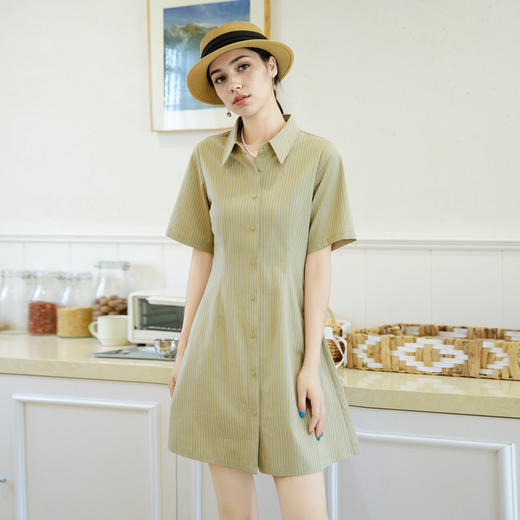 谜底条纹连衣裙短袖2025夏季新款通勤风衬衫式百搭短裙257ML7819 商品图0