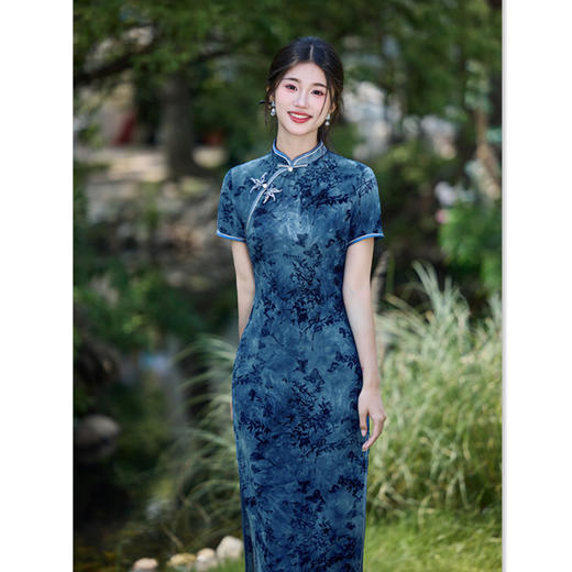 GX扎染植绒长款单层旗袍2025夏季新款复古国风小个子中式旗袍 商品图2