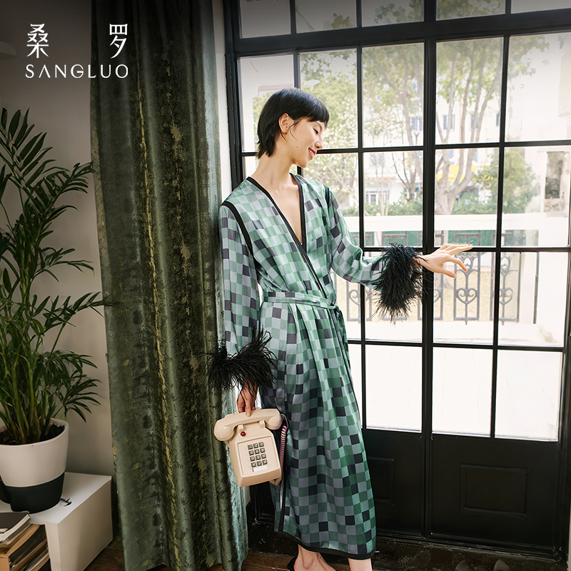 复古英伦』桑罗绿灰格纹真丝睡袍100%桑蚕丝羽毛装饰女休闲家居服