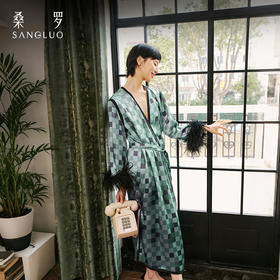 复古英伦』桑罗绿灰格纹真丝睡袍100%桑蚕丝羽毛装饰女休闲家居服