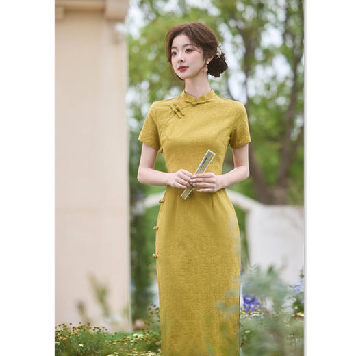GX2025夏款中国风提花棉中长复古旗袍改良修身显瘦日常黄色送考旗袍 商品图2