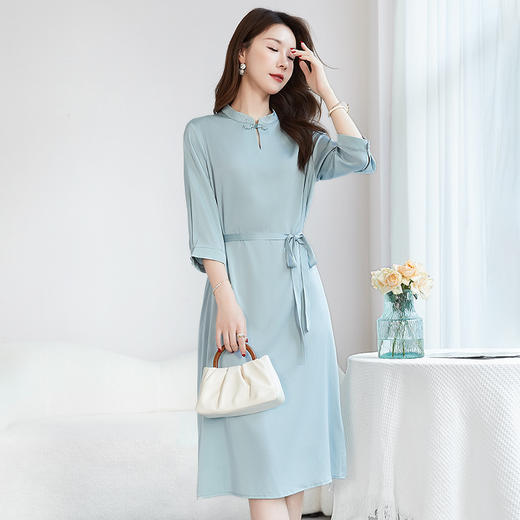 QS-【国风新中式】盘扣立领真丝连衣裙弹力双乔桑蚕丝连衣裙女6232 商品图1