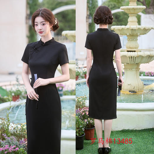 GX纯黑色罗马棉弹力日常旗袍2025夏季新款改良新中式国风复古旗袍裙 商品图1