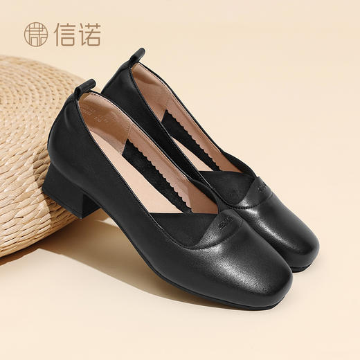 信诺真皮通勤软底妈妈鞋一脚蹬复古单鞋2025夏季新款舒适粗跟女鞋5Q5009-33 商品图2