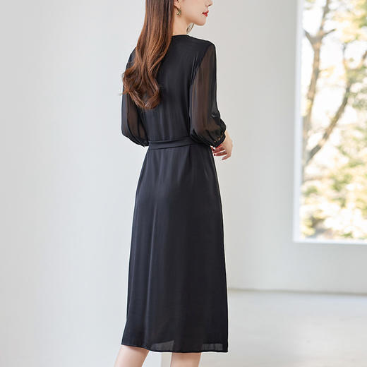 QS-水墨佳人杭派原创重磅真丝连衣裙女纯色拼接收腰中长裙子82497336 商品图3