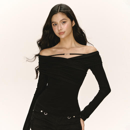 Ariseism 美式复古设计感薄款一字肩长袖t恤女秋季新款修身上衣 商品图0