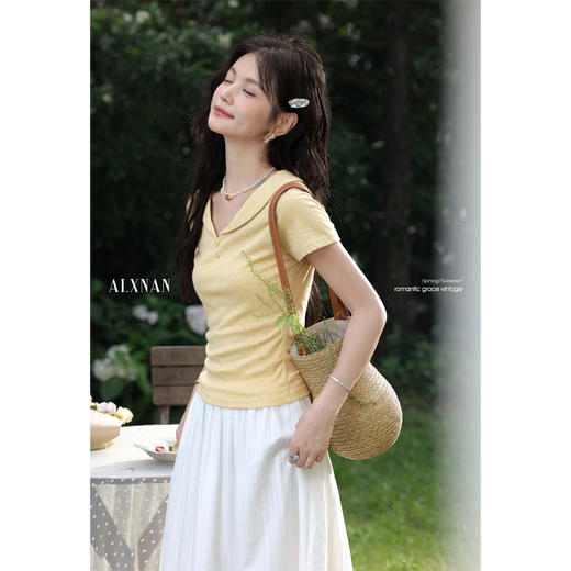 鹿向南「柠檬气泡」温柔风黄色V领短袖T恤女夏季收腰显瘦上衣小众 商品图3