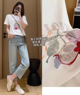 重工刺绣钉珠石榴液氨新疆棉刺绣印花T恤