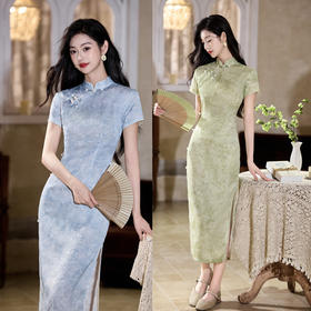 GX绿色提花淑女范短袖旗袍2025年夏季新款改良新中式气质优雅