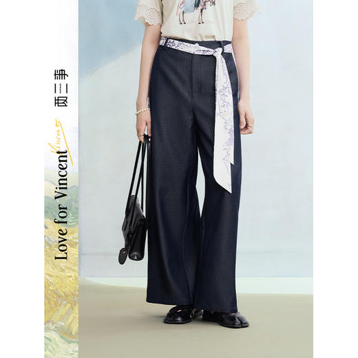 两三事梵高文艺 弄潮夜语 2025夏季新款印花拼接绑带阔腿休闲裤女 商品图0