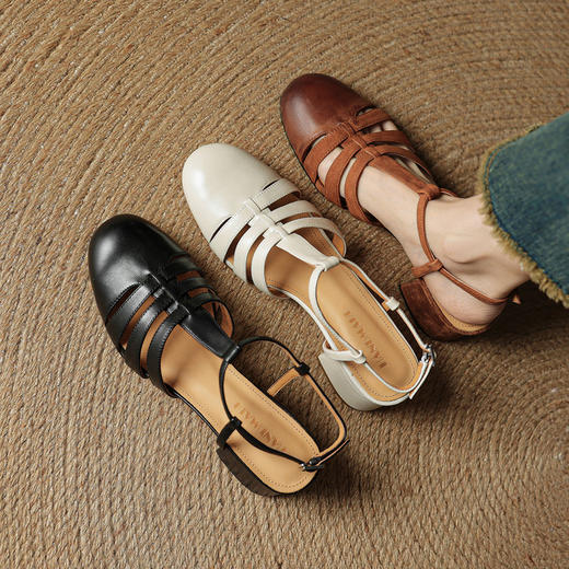 2025夏新款牛皮复古风棕色透气配裙子粗跟包头罗马凉鞋女3340大码 商品图1