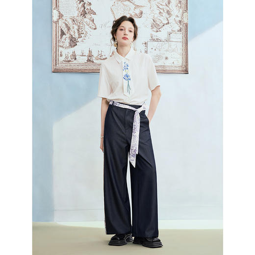 两三事梵高文艺 弄潮夜语 2025夏季新款印花拼接绑带阔腿休闲裤女 商品图1