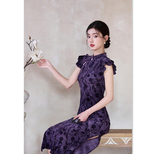 GX老上海旗袍2025夏季新款扎染植绒新中式改良荷叶袖气质复古风旗袍 商品图2