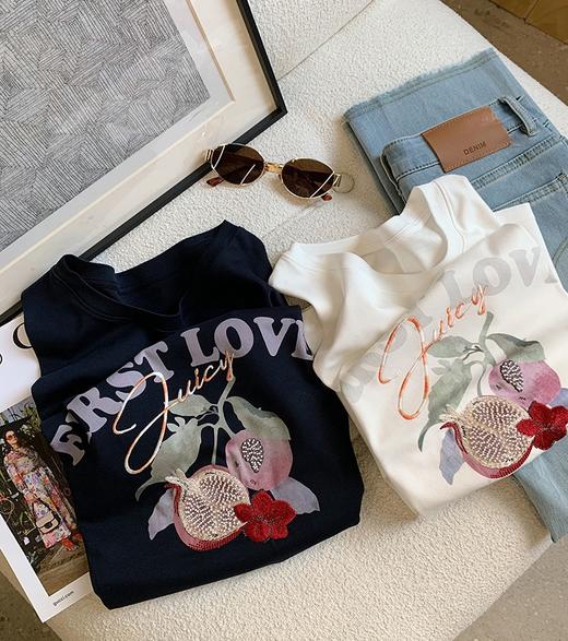 重工刺绣钉珠石榴液氨新疆棉刺绣印花T恤 商品图4