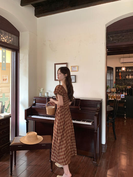 金蘑菇菇 水果篮子 小红裙 /长短款复古耐看v领泡泡袖格子连衣裙 商品图9