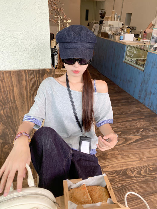 【129元任选2件】现货！格子拼接斜领短袖 商品图8