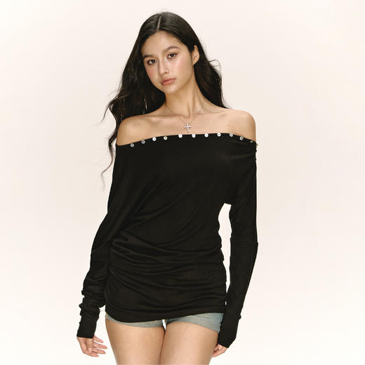 Ariseism 美式复古设计感黑色一字肩长袖t恤女秋季新款修身上衣 商品图0