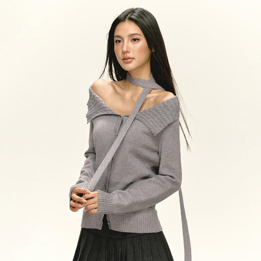 Ariseism美式复古设计感麻花一字肩挂脖针织衫女秋季新款修身上衣 商品图1