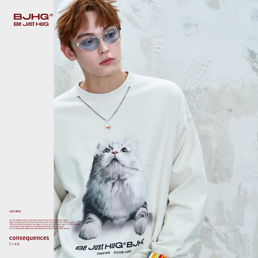 BJHG不计后果 小猫长袖t恤男款秋季美式宽松休闲暖皮恒温情侣卫衣 商品图3