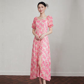 「自」全新升级【铂金会员358/天猫479/差价121】(40244)洛诗琳法式气质印花连衣裙2025夏季收腰方领泡泡袖碎花长裙40244