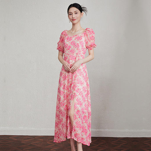 「自」全新升级【铂金会员358/天猫479/差价121】(40244)洛诗琳法式气质印花连衣裙2025夏季收腰方领泡泡袖碎花长裙40244 商品图0