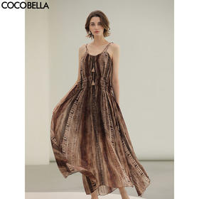 COCOBELLA[水彩摩卡]重工抽褶腰绳流苏度假吊带连衣裙FR3101