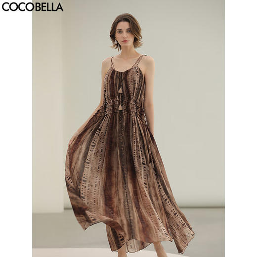 COCOBELLA[水彩摩卡]重工抽褶腰绳流苏度假吊带连衣裙FR3101 商品图0