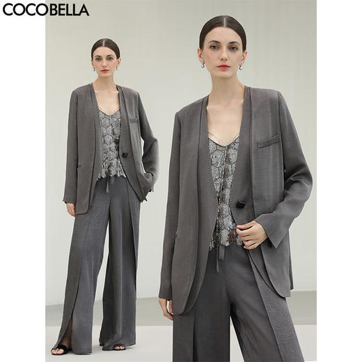 COCOBELLA高级灰仿醋酸秋假两件西装女通勤无领外套SI0006-4 商品图0