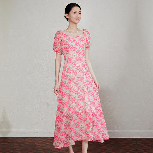 「自」全新升级【铂金会员358/天猫479/差价121】(40244)洛诗琳法式气质印花连衣裙2025夏季收腰方领泡泡袖碎花长裙40244 商品图1