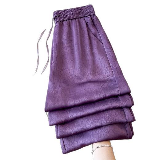 醋酸冰丝阔腿裤女春夏季2025新款缎面提花垂感松紧显瘦紫色直筒裤 商品图4