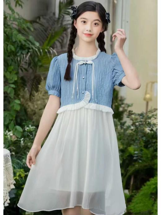 【孩提精灵】0622拼色假两件蓝白 童连衣裙-喜出 商品图0