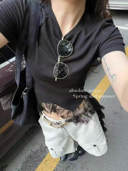 不规则拼蕾丝T 商品图0