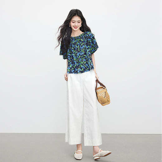 【周四狂欢价】熙世界纯棉蓝莓印花衬衫女设计感小众休闲一字肩上衣2025夏日新款 商品图4